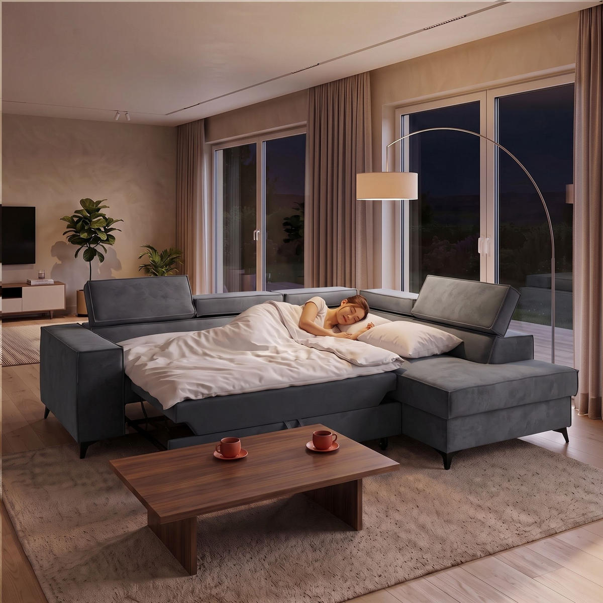 ECKSOFA PURE L Rechts mit Schlaffunktion 127x199 Velours Grau - Schwarz/Grau, Holz/Textil (204/281cm) - Muffo