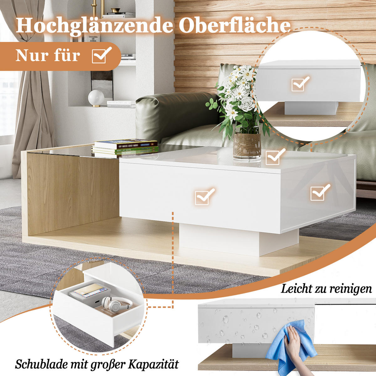 COUCHTISCH aus Spanplatte 105x55x32,5 cm Weiß in Holzoptik mit Glasplatte und LED-Beleuchtung - Naturfarben, Holzwerkstoff (105/55/32.5cm) - IVMEU
