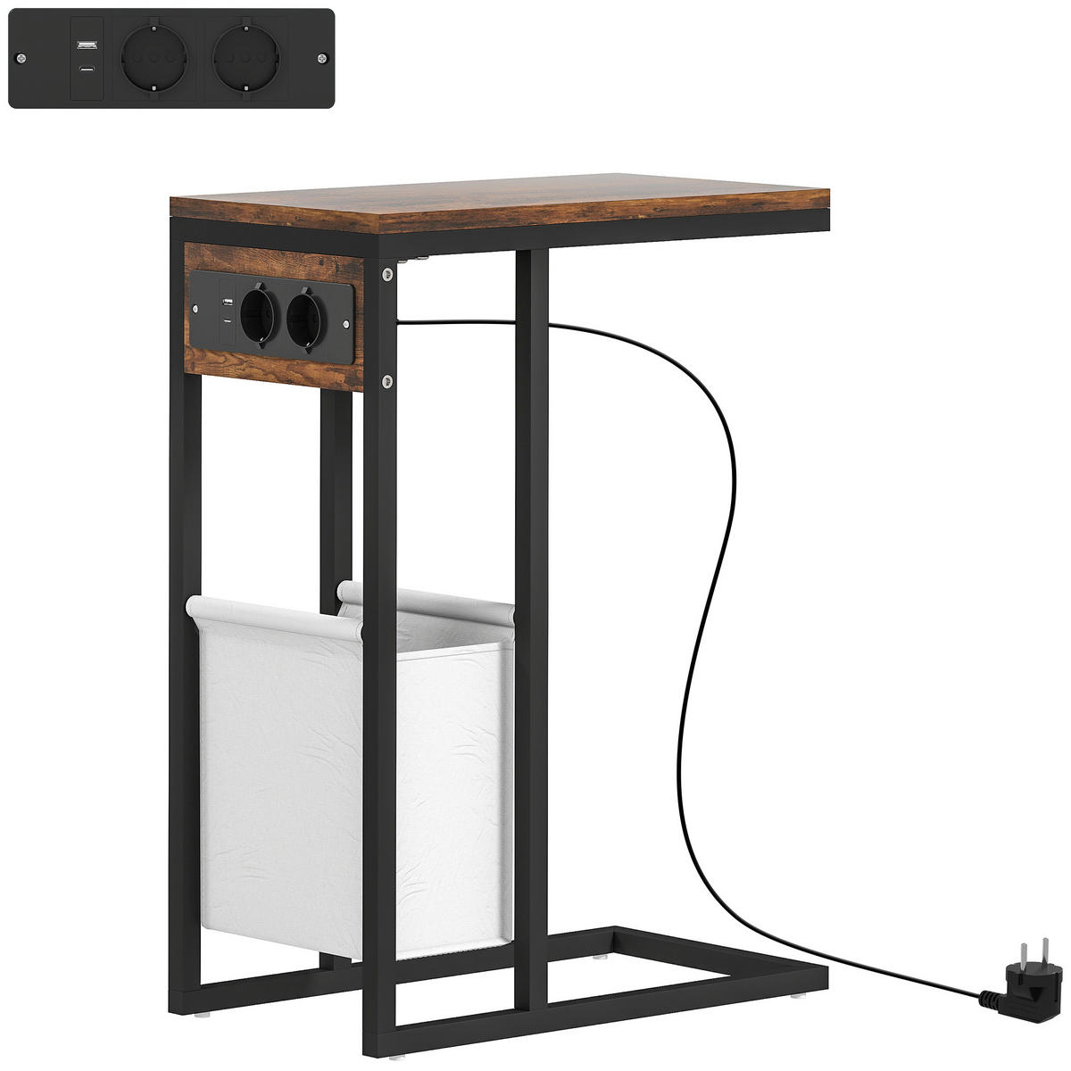 BEISTELLTISCH Couchtisch im C-Form mit Tragetasche, USB-Anschlüssen, Steckdosen - Braun, Metall (46/25/62.5cm) - HOMCOM