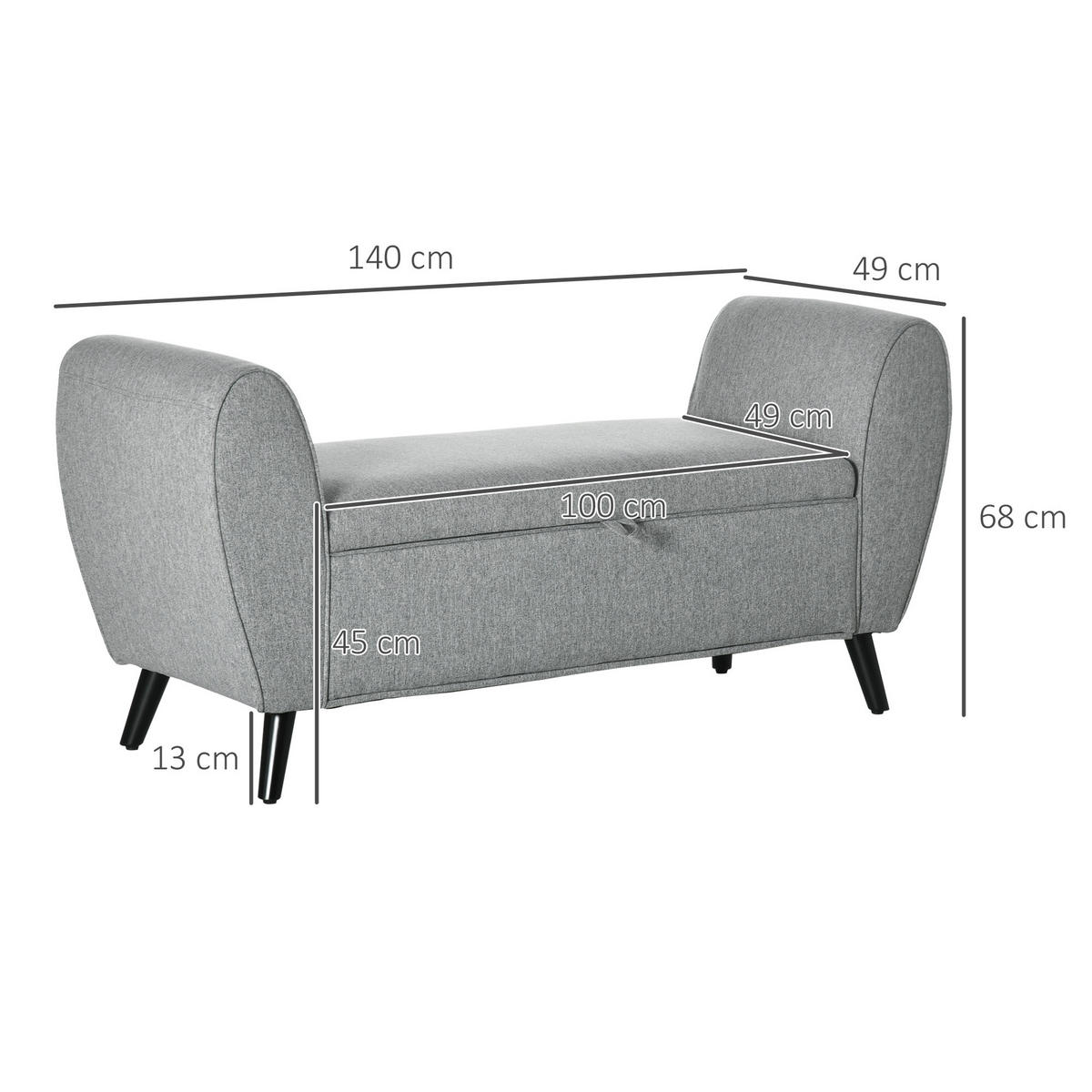 SITZBANK, Bettbank mit Stauraum, Polsterbank mit Armlehne, Leinenoptik, Grau - Hellgrau, Kunststoff (49/68/140cm) - HOMCOM