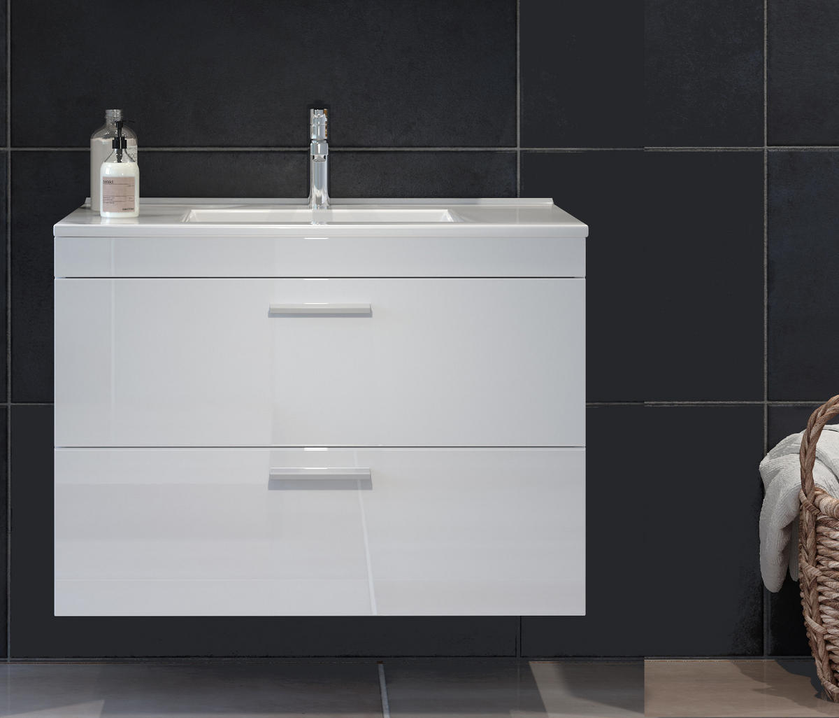 WASCHBECKENUNTERSCHRANK mit Waschbecken weiß Hochglanz, Waschtisch hängend 81 x 59 cm - Weiß Hochglanz/Silberfarben, Holzwerkstoff/Kunststoff (81/59/47cm) - Top.Furn