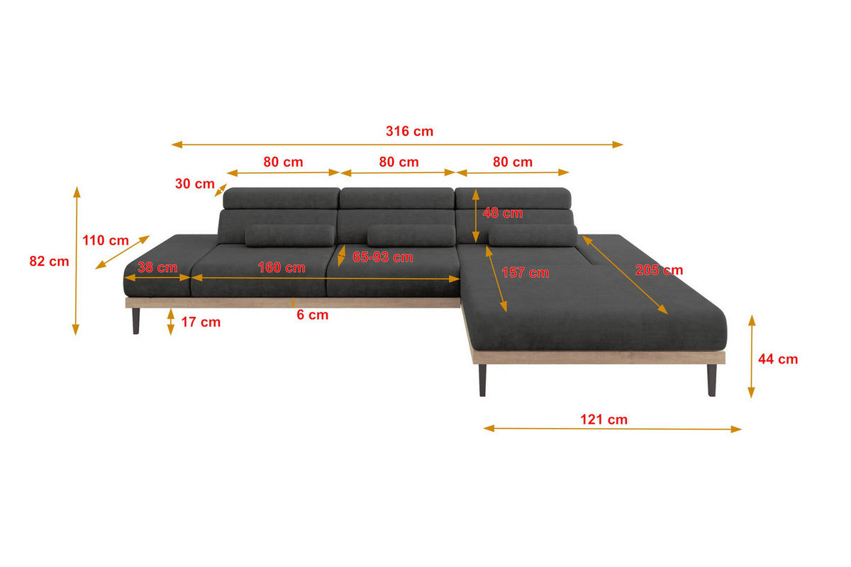 ELEKTRISCHES ECKSOFA Rechts MONA 316x205x85 Dunkelgrau Velours - Anthrazit, Holzwerkstoff/Textil (316/205cm) - ALTDECOR