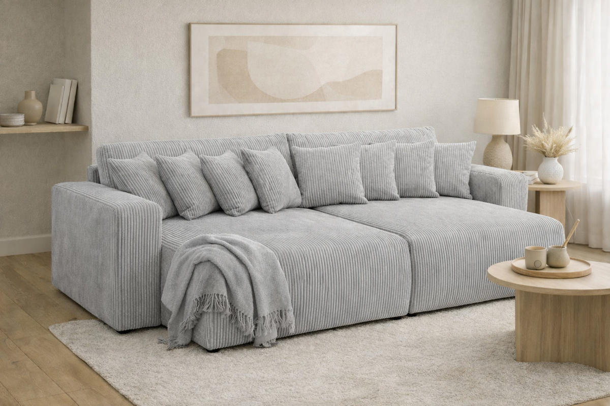 SCHLAFSOFA, Cordstoff Poso, Grün, PIANO DOUBLE - Hellgrau, Holz (246/83/145cm) - Kaiser Möbel