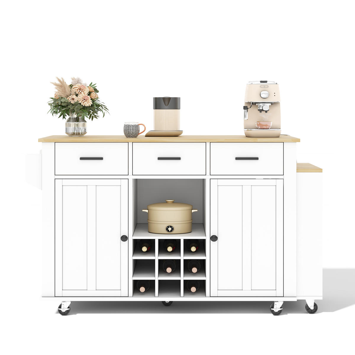 KÜCHENINSEL 93 cm MDF Natur Weiß mit Ausziehbarer Arbeitsplatte und Weinregal - Weiß, Holzwerkstoff (50/93/136cm) - Korfee