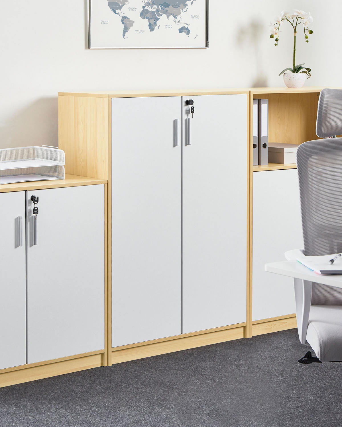 BÜROSCHRANK Hellbraun/Weiß Zehna - Hellbraun/Braun, Holzwerkstoff (80/117/40cm) - Beliani