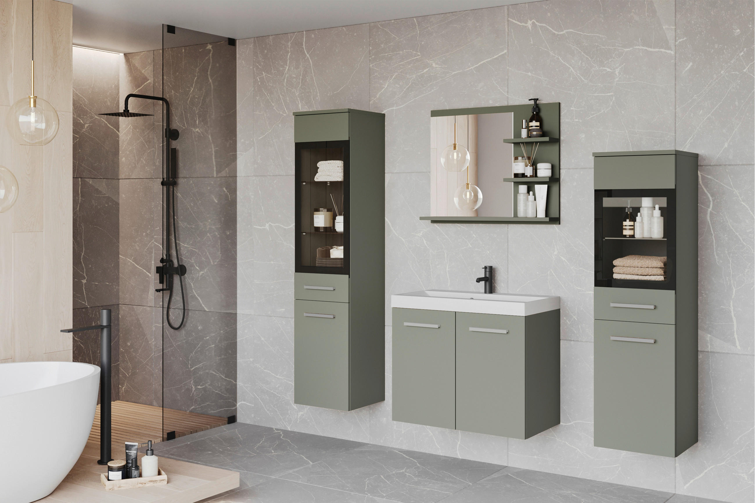 Modernes Badezimmer mit grauen Wandhängeschränken, einem Waschbeckenunterschrank, einem Spiegel mit Ablage und einer begehbaren Dusche mit schwarzem Duschsystem.