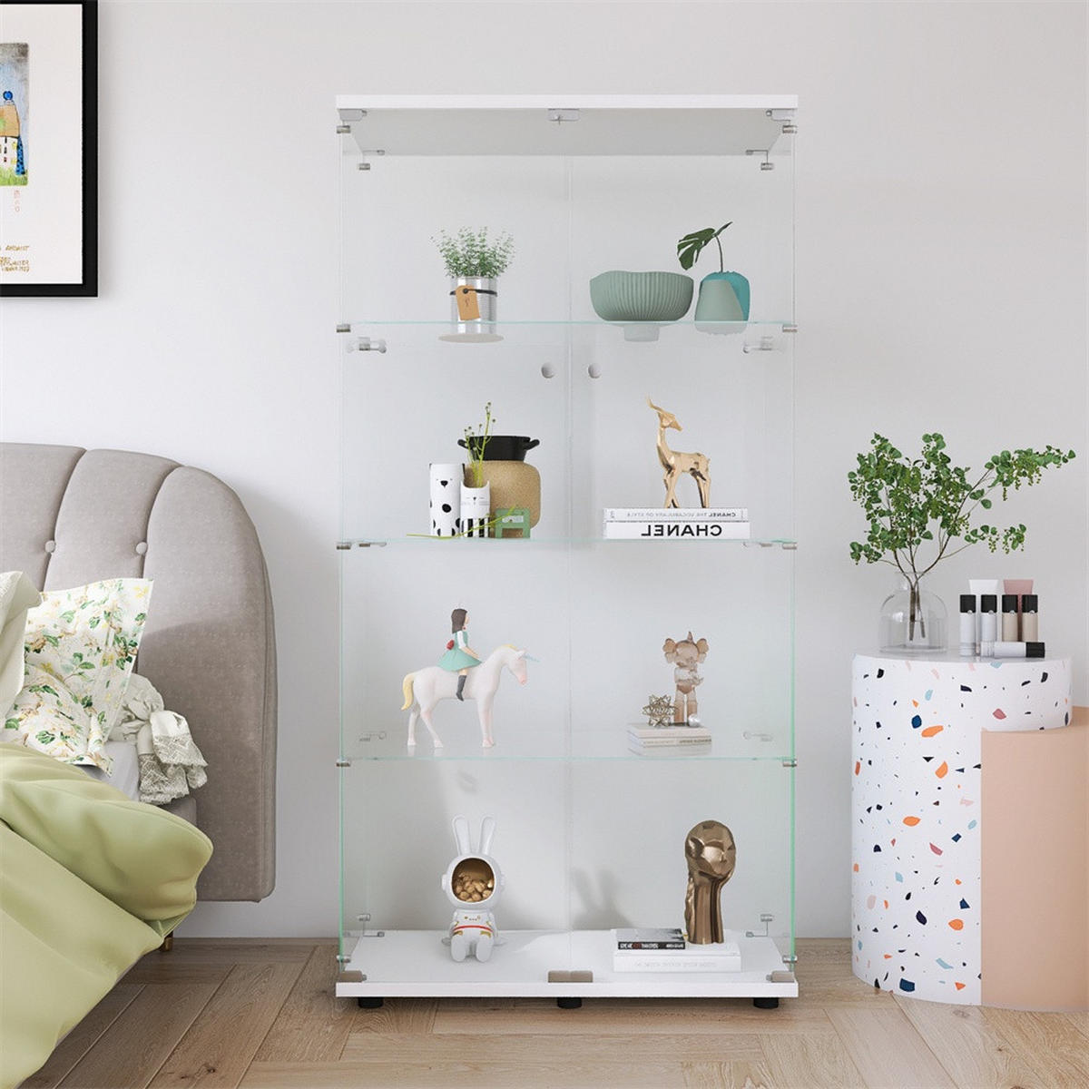VITRINE - Glasvitrine mit 2 Türen und 4 Ebenen - abschließbar - Weiße Decken- und Bodenplatte - Weiß, Glas (80.5/164.3/36.3cm) - DELFA