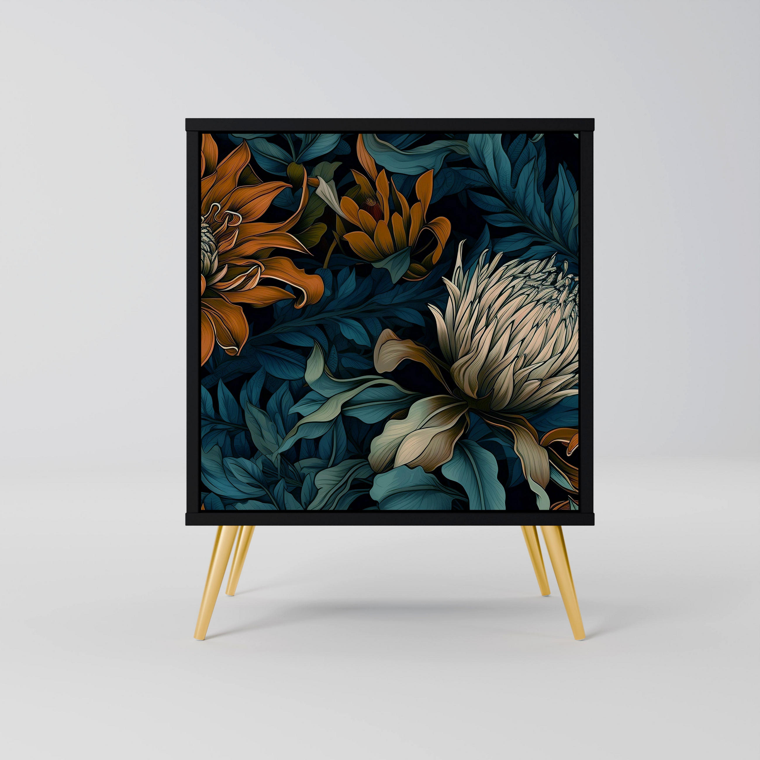 SIDEBOARD MORNING BLOOM, Schwarz, 57,5x42x75,5 cm, Goldfarbene Metallfüße - Goldfarben/Multicolor, Holzwerkstoff/Metall (57.5/75.5/42cm) - SpaceRebels