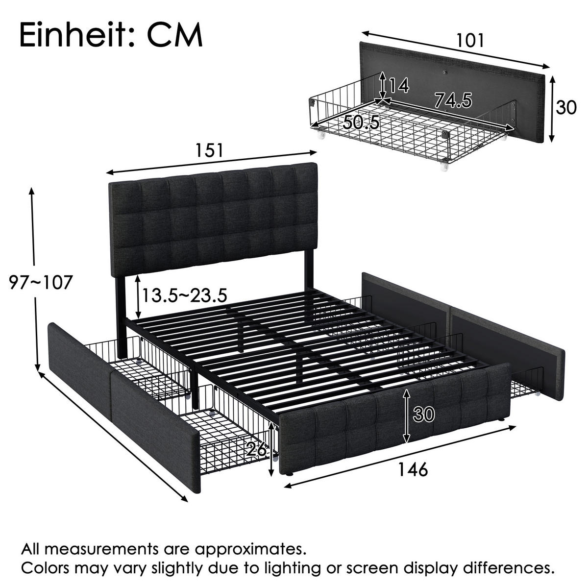 POLSTERBETT 140/200 cm mit 4 Schubladen, höhenverstellbarem Kopfteil & Stahl-Lattenrost, Schwarz - Schwarz, Textil (140/200cm) - Redom