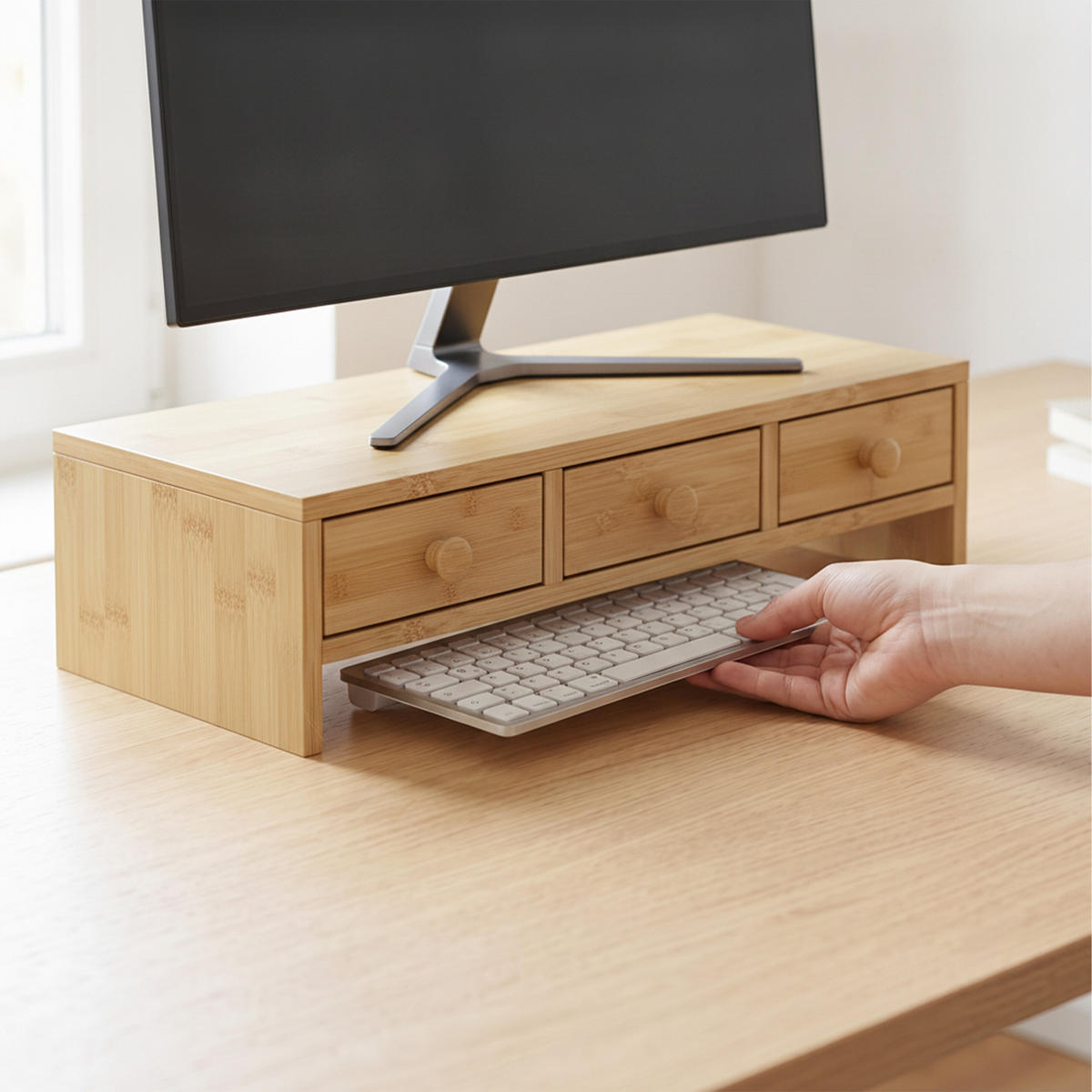 MONITORSTÄNDER Holzoptik MDF 3 Schubladen - Hellbraun, Holzwerkstoff (24/51/12.5cm) - Relaxdays
