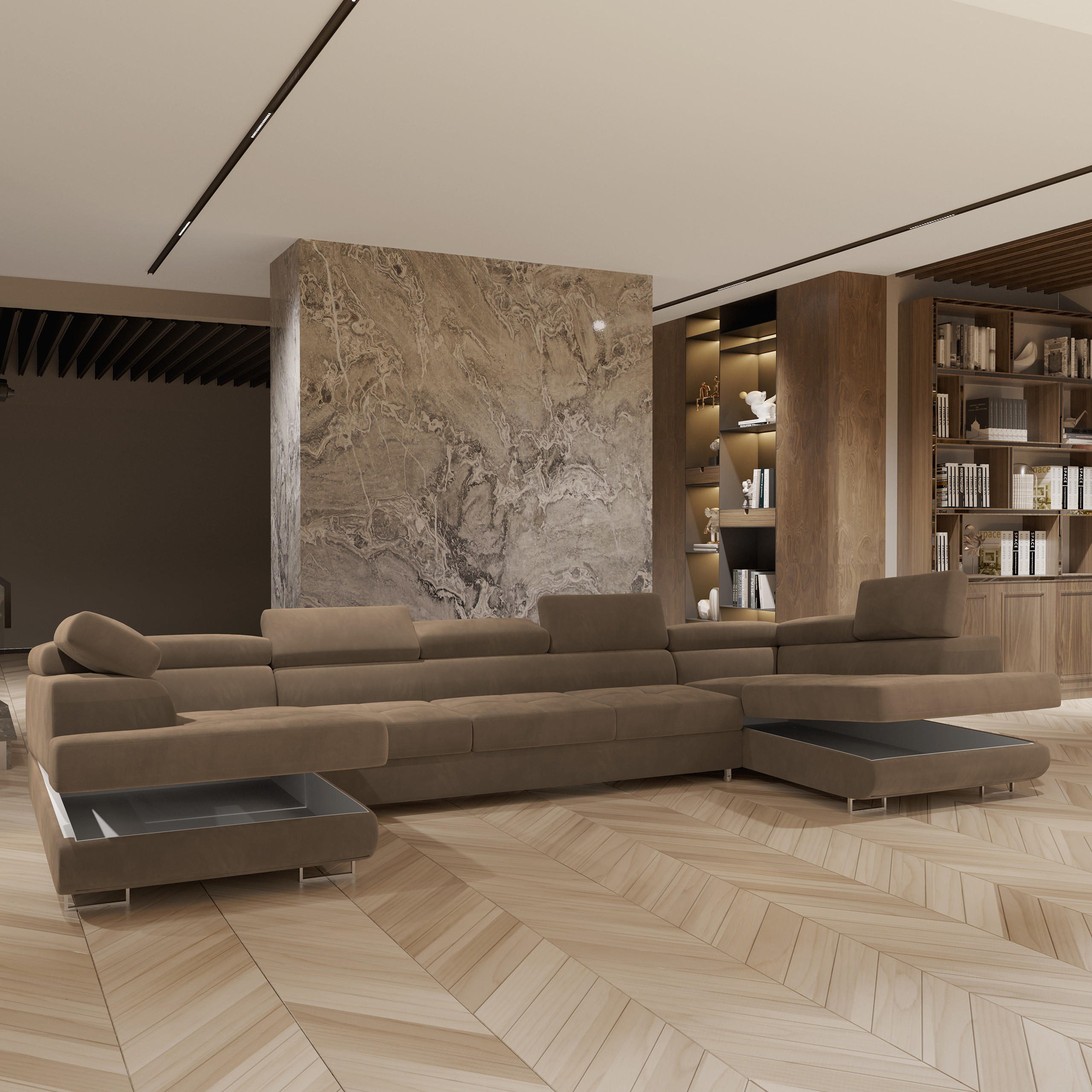 WOHNLANDSCHAFT ISOLANO Beige Velours-Stoff mit Schlaffunktion - Beige, Holz (408/90/202cm) - MASSENO