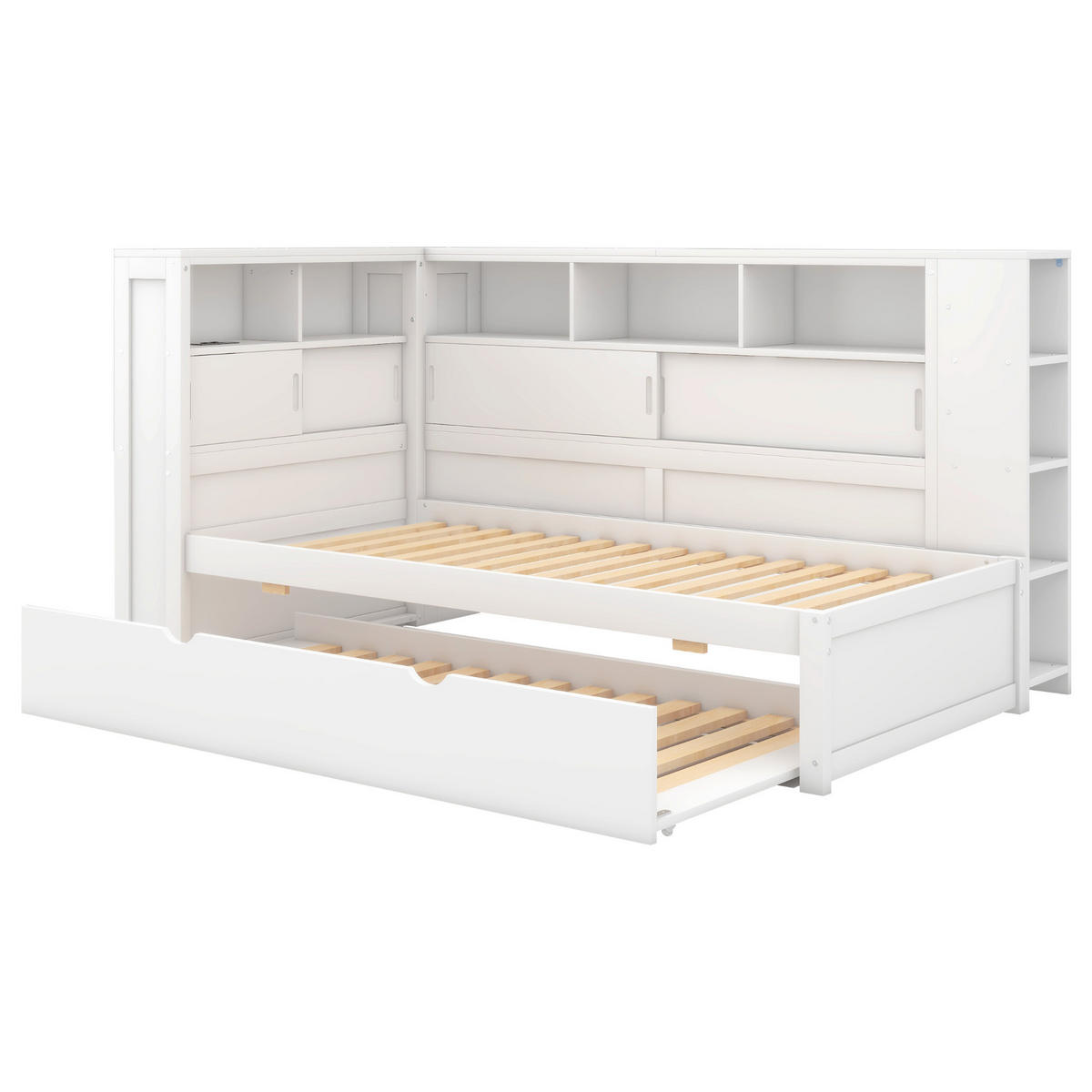 MULTIFUNKTIONSBETT 90/200 cm weiß mit Ausziehbett und USB-Ladeanschluss - Weiß, Holzwerkstoff (90/200cm) - OKWISH