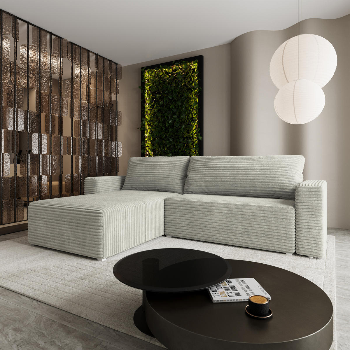 ECKSOFA CALTI T Hellgrau Kordstoff mit Schlaffunktion - Hellgrau, Holzwerkstoff/Textil (283/183cm) - MASSENO