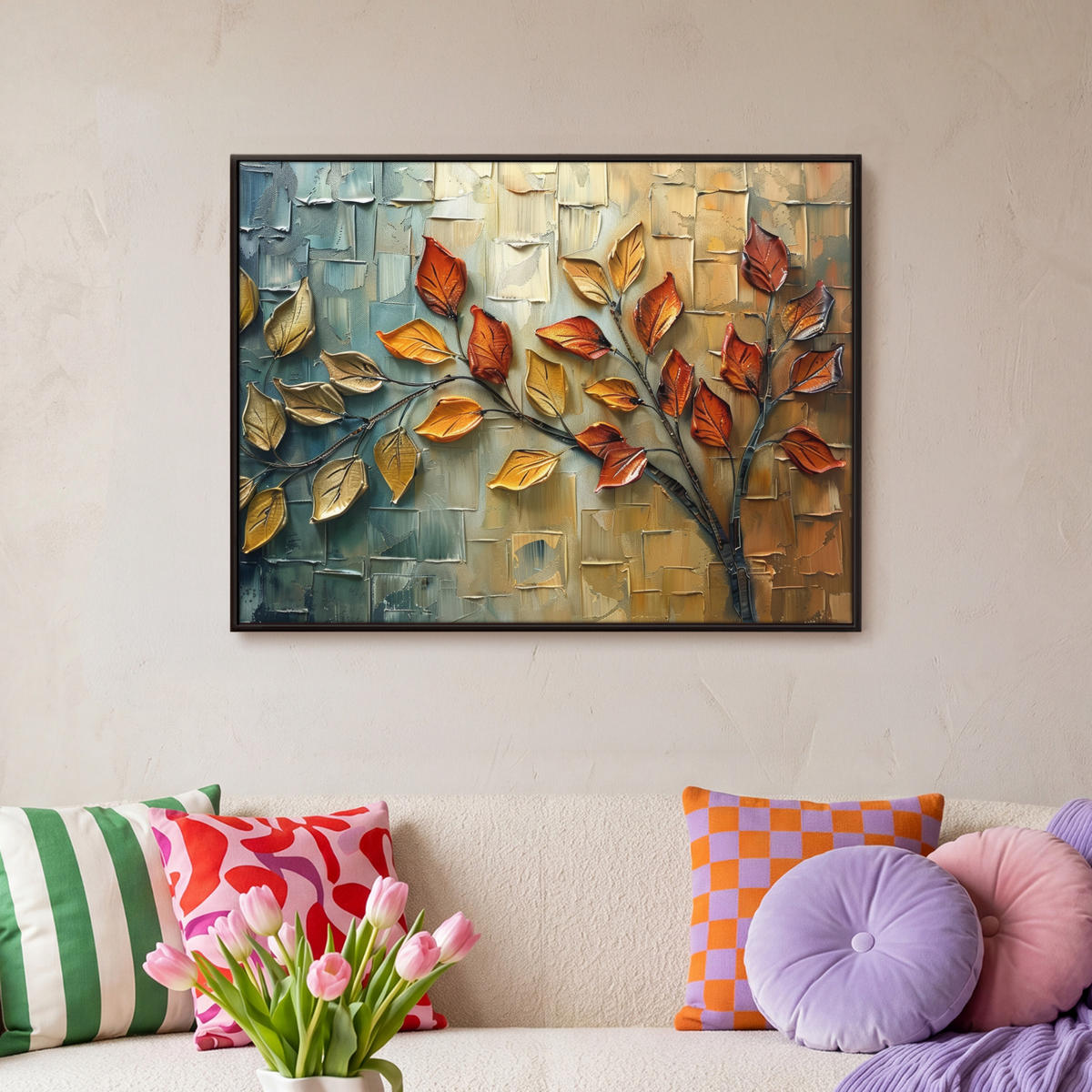 LEINWAND Bilder mit Rahmen - Baum - Abstrakt - Natur - Kunst - 70x50 - Goldfarben, Textil (70/50cm) - MuchoWow