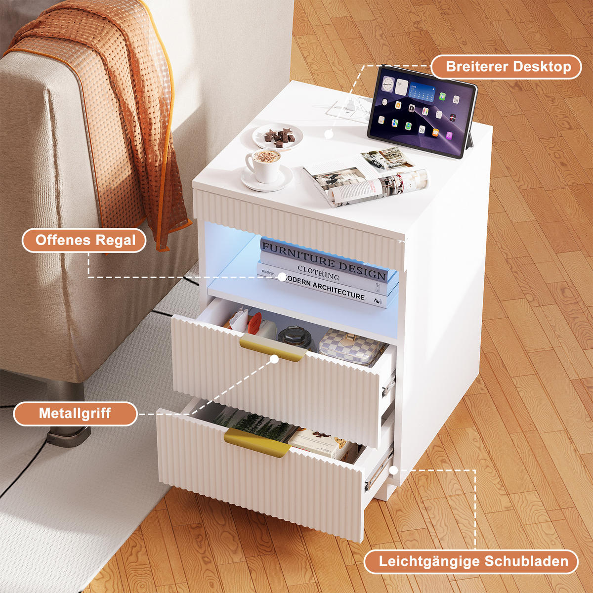 NACHTSHRANK Weiß mit LED-Beleuchtung, Steckdose, USB & Type-C, Nachttisch mit 2 Schubladen, 40/40/60 cm - Goldfarben/Weiß, Holz/Metall (40/60/40cm) - BPKADHY