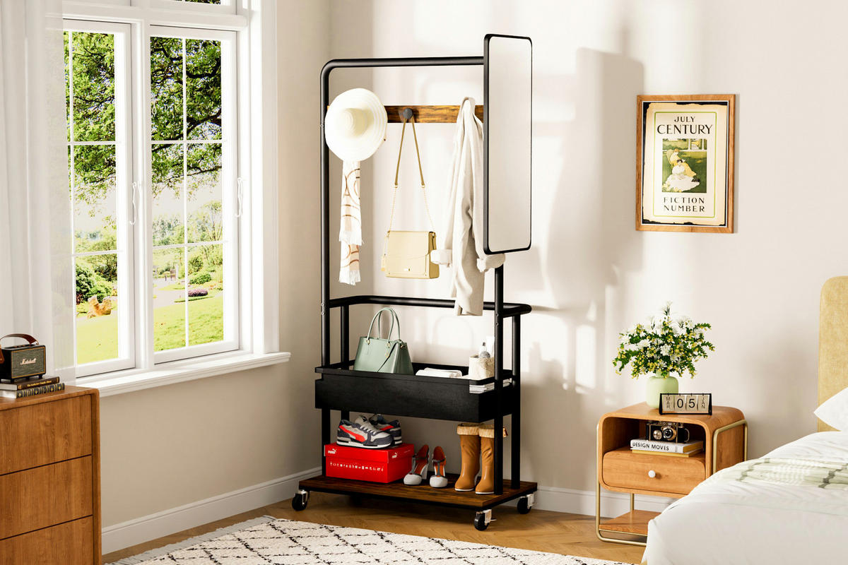 STANDGARDEROBE 70/40/170 cm mit Spiegel, Kleiderstange und Rollen - Schwarz, Holzwerkstoff (70/170/40cm) - BEAOK