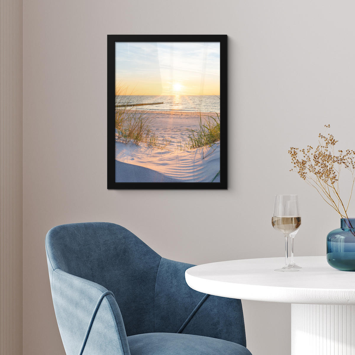 GERAHMTES BILD Strand - Sonne - Düne - Gras - Sand - Horizont 30x40 cm - Hellblau, Papier (30/40cm) - MuchoWow