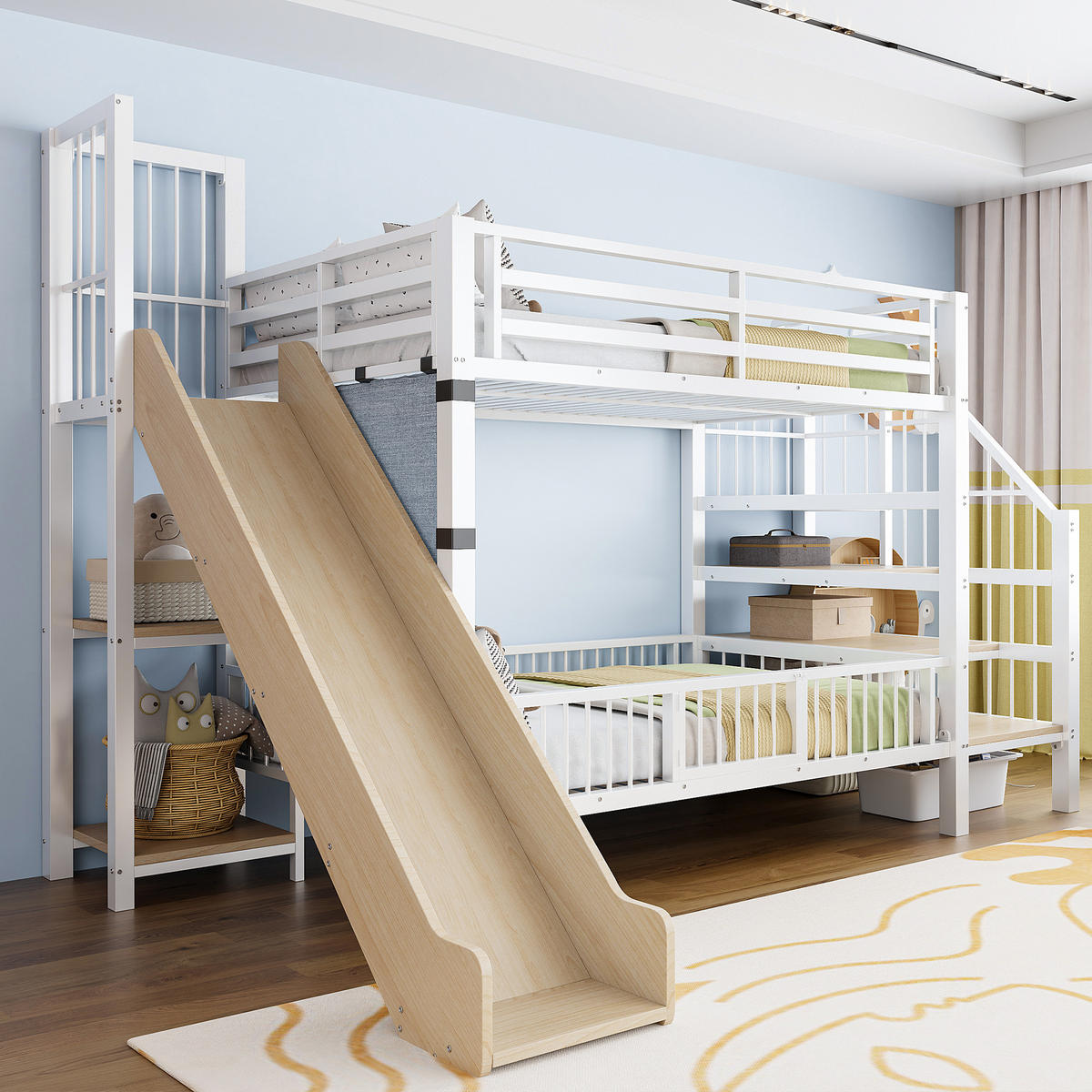 METALL-ETAGENBETT Kinder Weiß 90/200 cm mit Rutsche und Stauraumtreppe - Weiß, Metall - ComfortXL