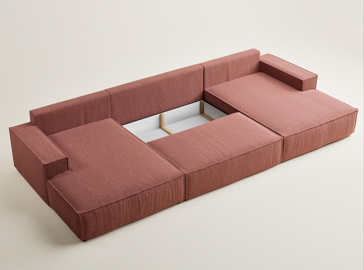 WOHNLANDSCHAFT Kyoto Korallenfarbe Webstoff - Koralle/Schwarz, Holz/Holzwerkstoff (398/70/148cm) - Maison de Reve