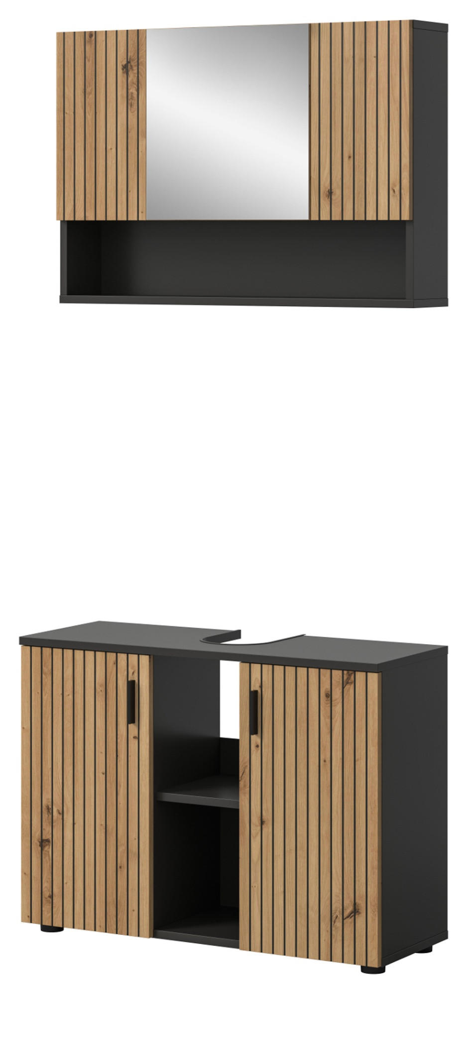 BADMÖBEL-SET Eiche Artisan, grau 2-teilig 80 cm, Badkombination mit Rillen-Optik - Schwarz/Eiche Artisan, Glas/Holzwerkstoff (80/180/30cm) - Inn.Furn