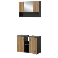 BADMÖBEL-SET Eiche Artisan, grau 2-teilig 80 cm, Badkombination mit Rillen-Optik - Schwarz/Eiche Artisan, Glas/Holzwerkstoff (80/180/30cm) - Inn.Furn