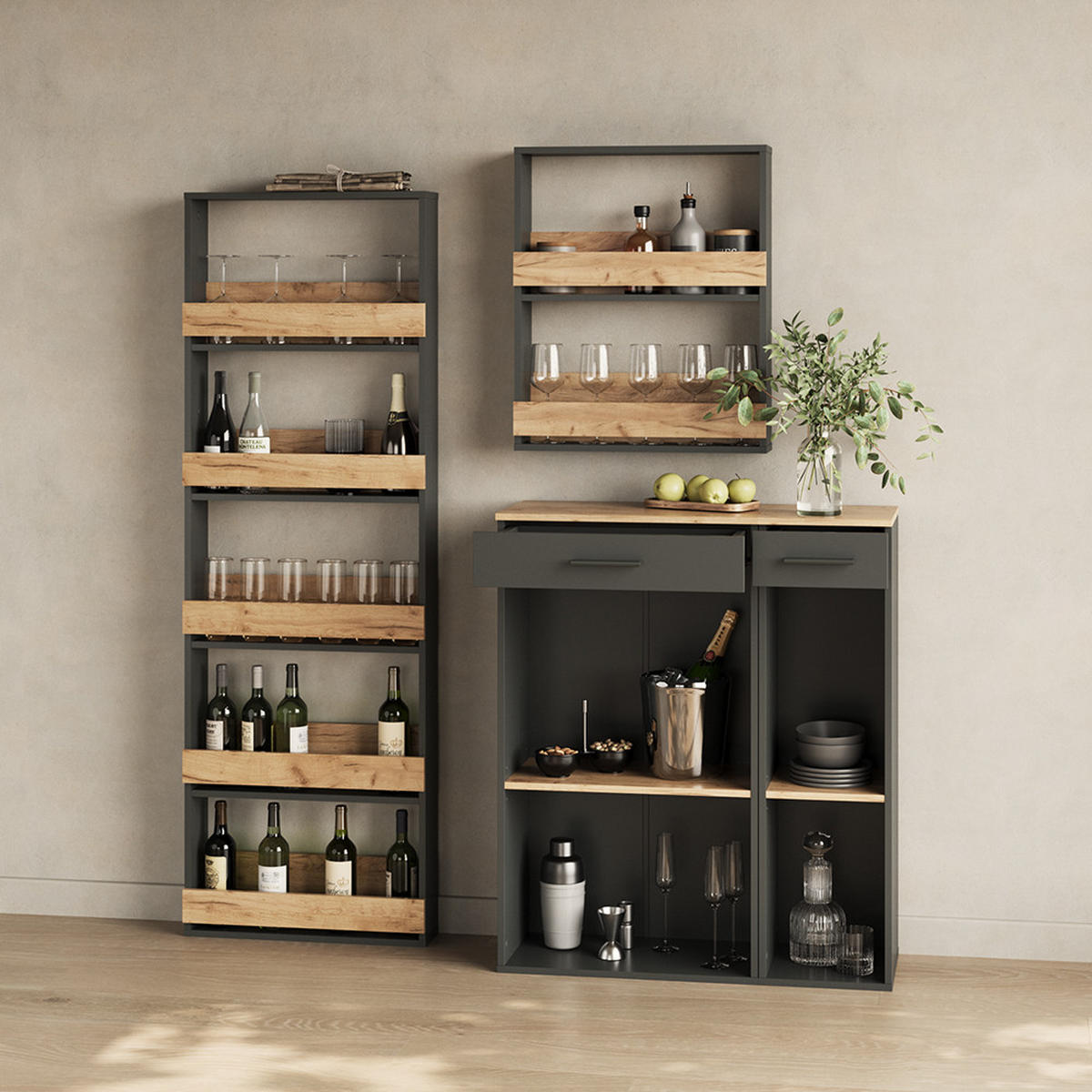 WEINGLASREGAL Regusa Goldkraft Eiche/Anthrazit 60 x 180 cm - Honigeiche/Anthrazit, Holzwerkstoff (60/180/15.1cm) - Livinity®