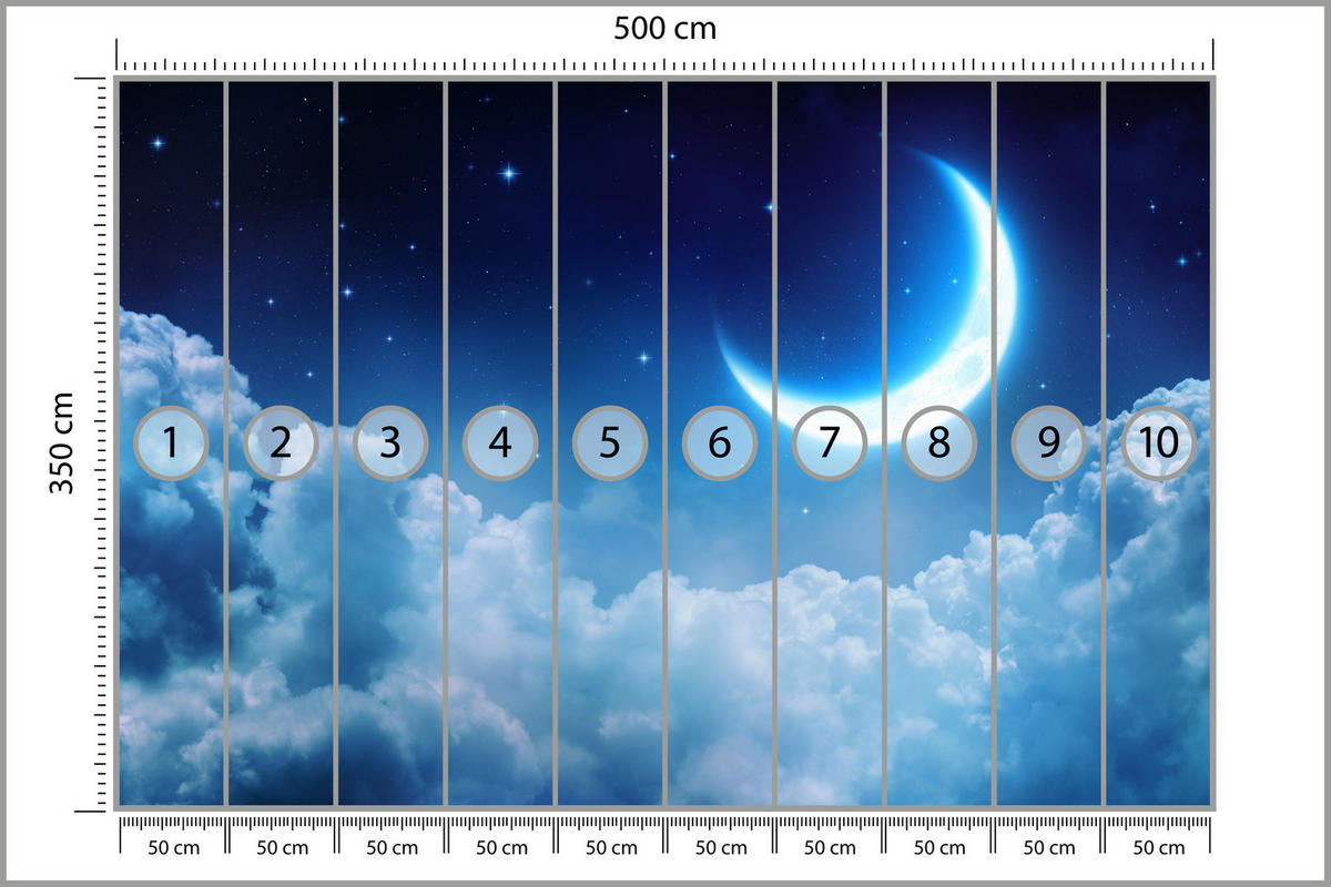 FOTOTAPETE für Schlafzimmer Himmel Wolken Mond Sterne 500x350 - Blau/Dunkelblau, Papier (500/350cm) - Muralo