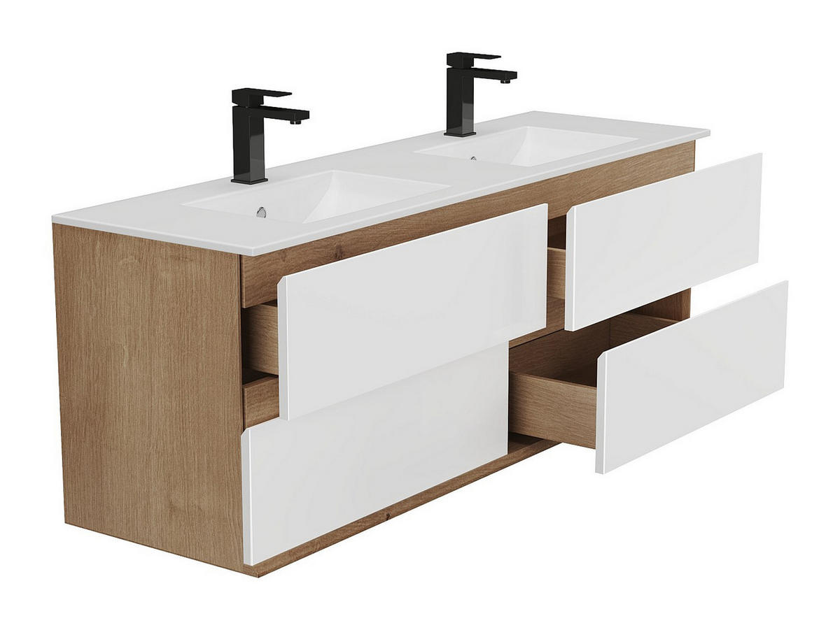 DOPPELWASCHTISCH - 150 cmcm x 45.5 cmcm - Holz, Platte - Naturfarben Hell, Weiß - SABURI - Naturfarben/Weiß, Holz (150/55/45.5cm) - Vente-Unique