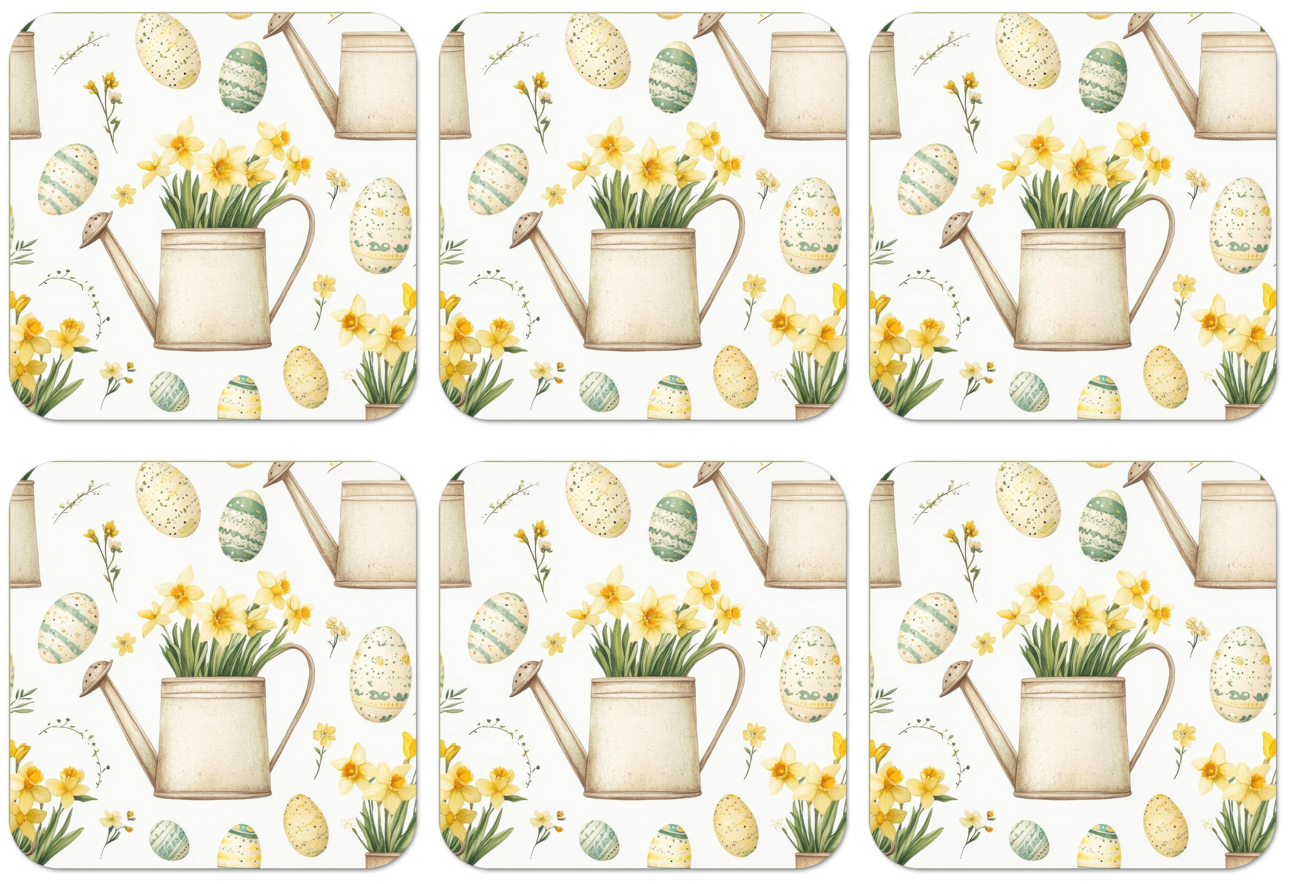 GLASUNTERSETZER 6er-Set Gießkanne - Blumen - Eier Tischset für Gläser 10x10 cm - Weiß, Naturmaterialien (10/0.2cm) - MuchoWow
