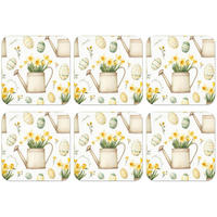 GLASUNTERSETZER 6er-Set Gießkanne - Blumen - Eier Tischset für Gläser 10x10 cm - Weiß, Naturmaterialien (10/0.2cm) - MuchoWow