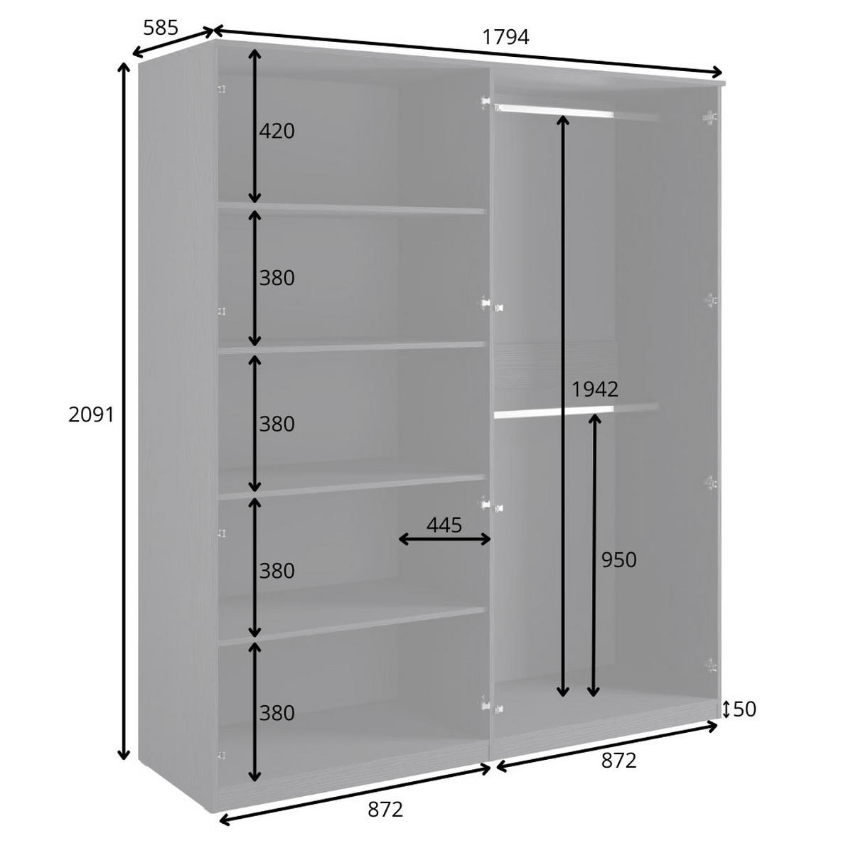 KLEIDERSCHRANK Mond anthrazit 179 / 58,5 / 209cm - Anthrazit/Goldfarben, Holz/Holzwerkstoff (179/209/58.5cm) - Feldmann-Wohnen
