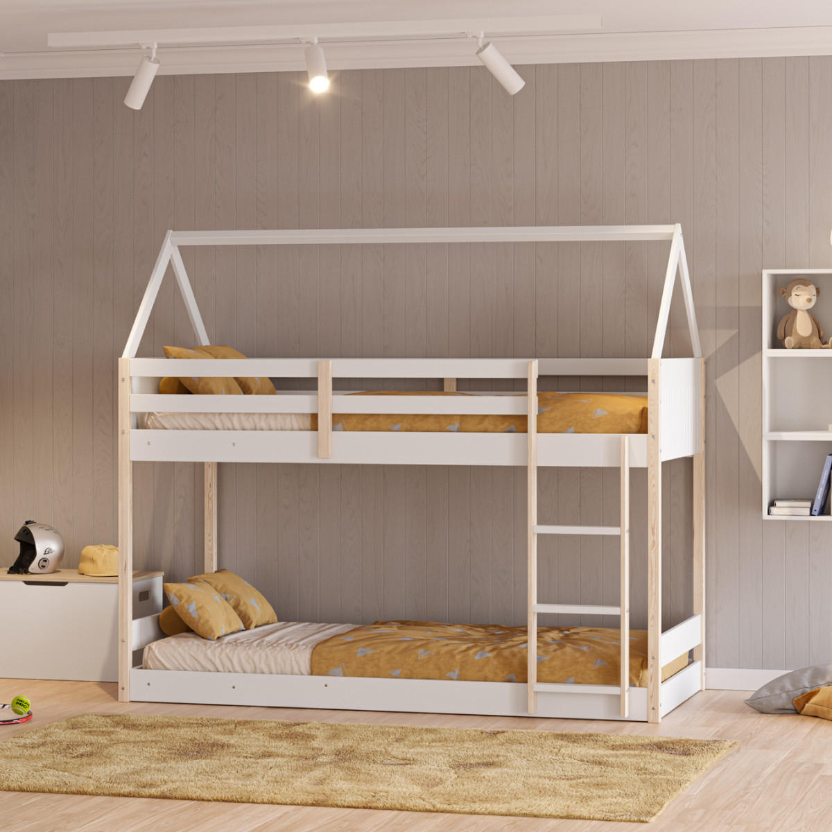 MONTESSORI Etagenbetten 90x190 cm in Hausform 104,7/200/174,9 cm - Weiß, Holz - Calicosy