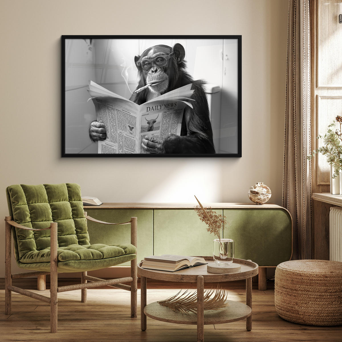 POSTER MIT RAHMENGERAHMTES BILD Affe - WC - Zeitung - Schwarz-Weiß - Humor 120x80 cm - Hellgrau, Papier (120/80cm) - MuchoWow