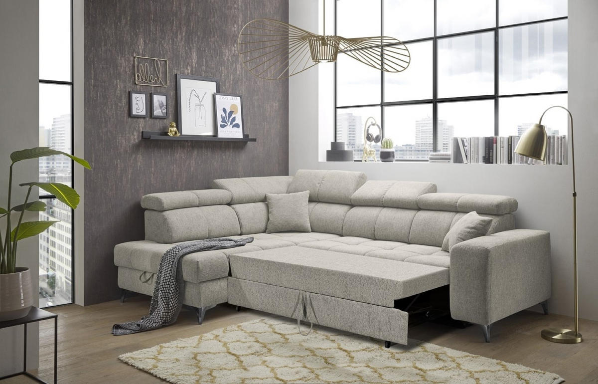 ECKSOFA mit Schlaffunktion und Bettkasten, Luxus-Mikrofaser - Beige/Schwarz, Textil/Metall (282/198cm) - ed exciting design
