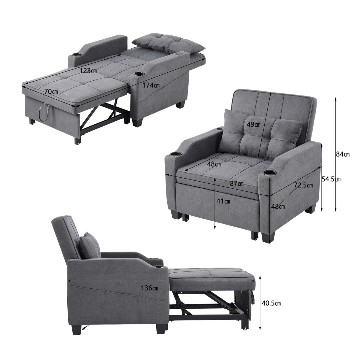 RELAXSESSEL 87/74/84 cm Dunkelgrau mit Getränkehaltern und USB Anschluss - Dunkelgrau, Textil (74/84/87cm) - Oxeza