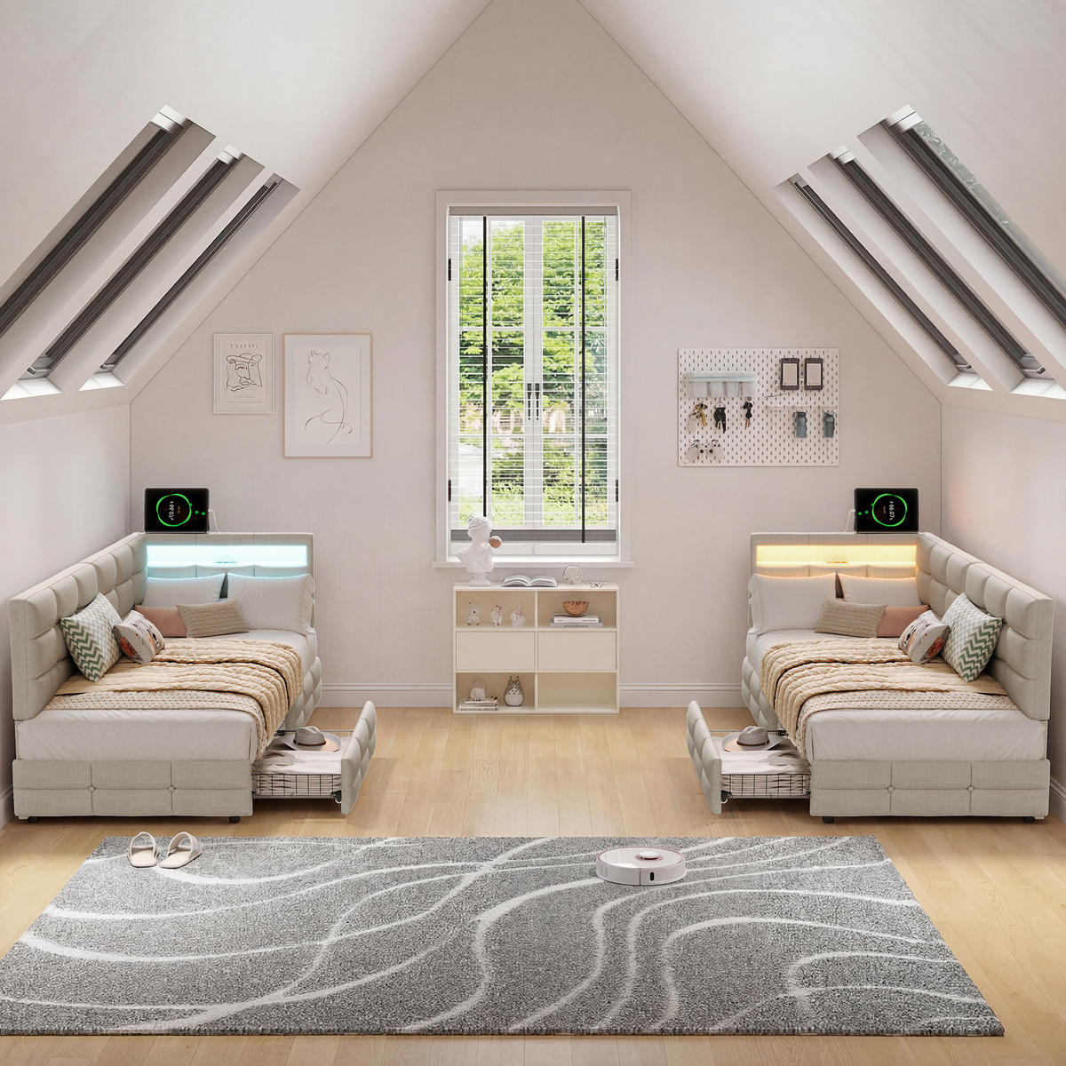 BETT 90x200 cm mit L-förmigem Kopfteil, 2 Schubladen, USB-Ladeanschluss, LED-Licht, Leinenstoff, Beige - Beige, Holz (90/200cm) - BRILVERDE