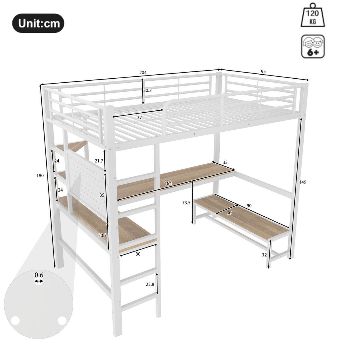 HOCHBETT 90/200 cm, Weiß mit Schreibtisch, LED und USB-C - Weiß, Metall (90/200cm) - MIVRAY