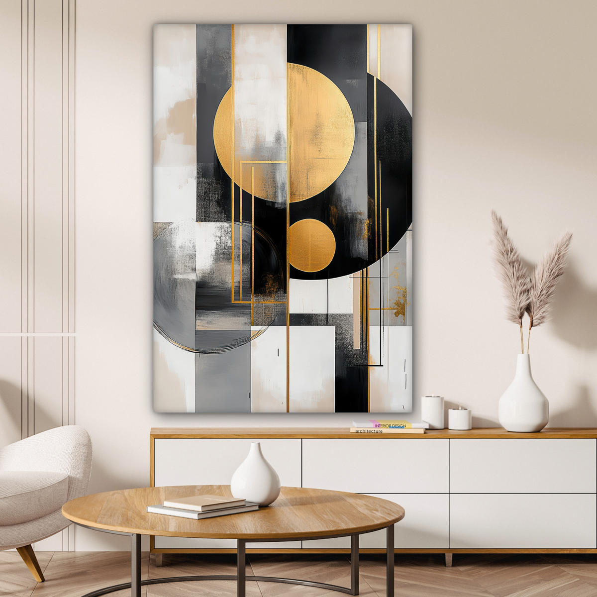 LEINWANDBILD Abstrakt - Gold - Silber - Formen - Ästhetisch - Modern Deko Groß 90x140 cm - Goldfarben, Textil (90/140cm) - MuchoWow