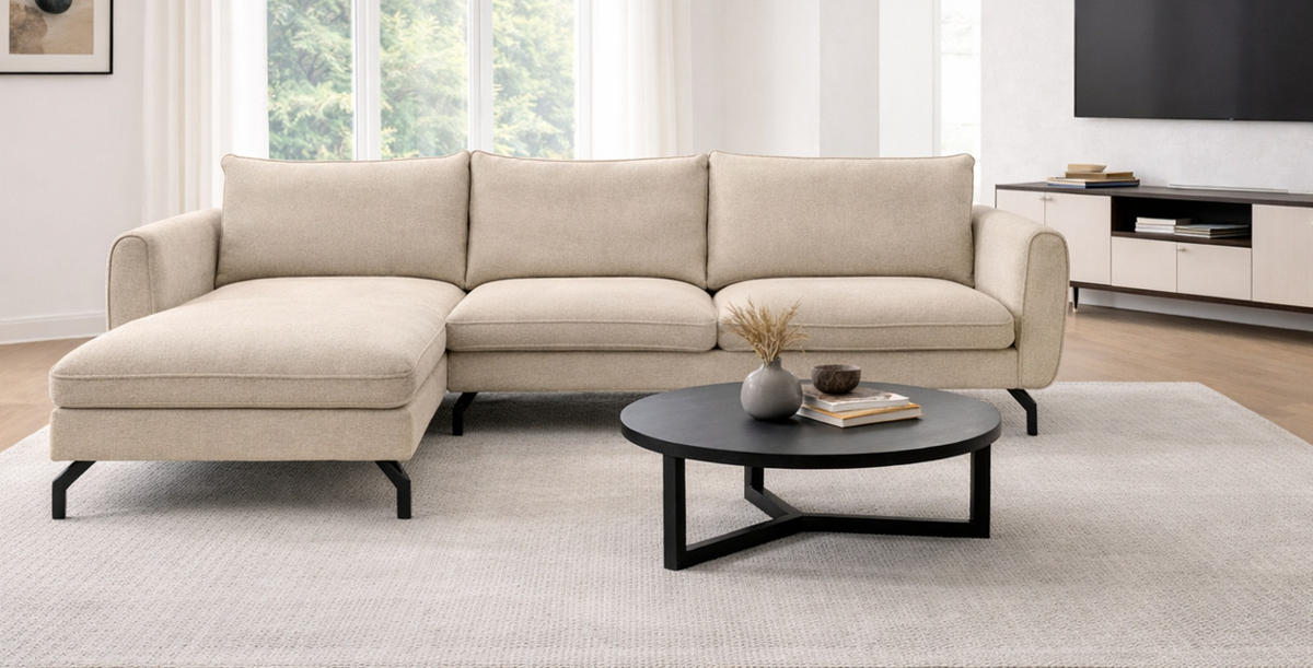 SOFA beige Webstoff 259 x 167 cm, Ecksofa 5-Sitzer, L-Sofa Ottomane links - Beige/Schwarz, Holz/Textil (259/167cm) - Inn.Furn