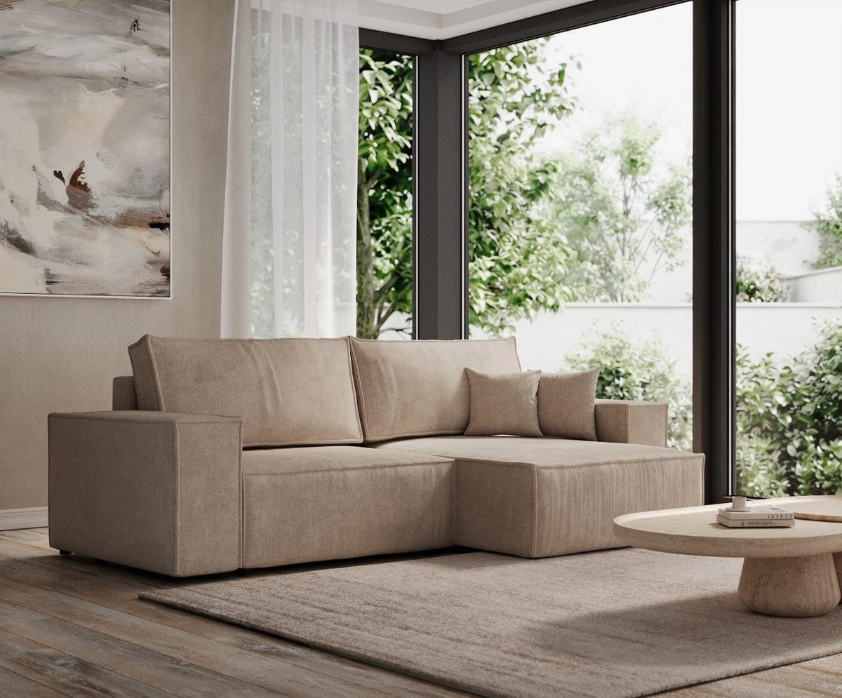 ECKSOFA CAVO mit Schlaffunktion Beige im Wind Stoff - Beige/Schwarz, Holz/Holzwerkstoff (255/148cm) - AltaBeds