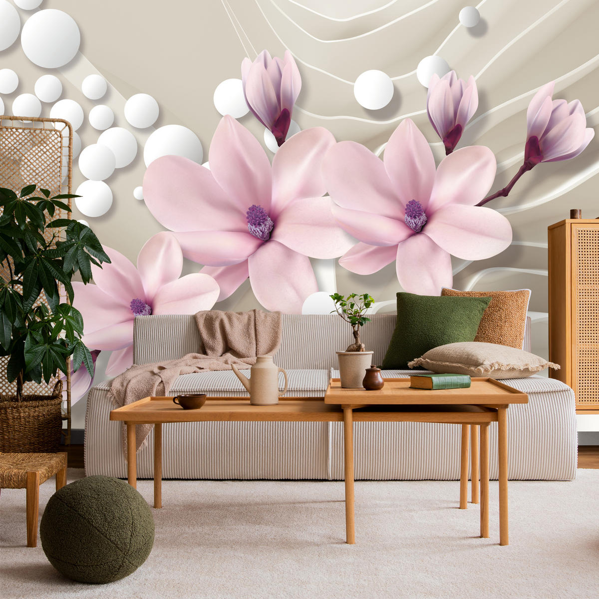 FOTOTAPETA Pre Obývaciu Izbu KVETY Magnólie RUŽOVÁ Vlnité Priestorové Pozadie 450 x 315 cm - biela/ružová, papier (450/315cm) - Muralo