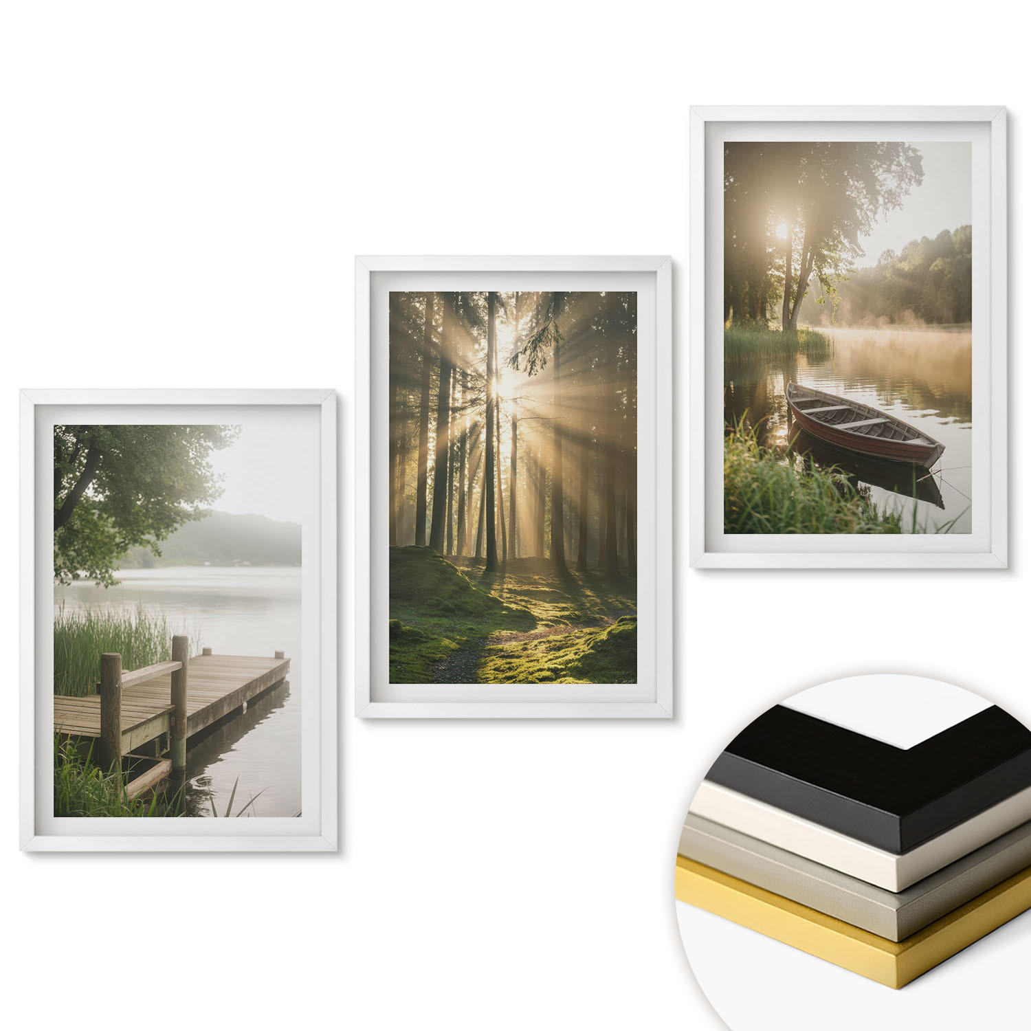 WANDBILDER 3er-Set - 40x60 cm Weißer Rahmen - See, Wald, Boot, Morgennebel - Weiß, Kunststoff (40/60cm) - ArtPrintCave