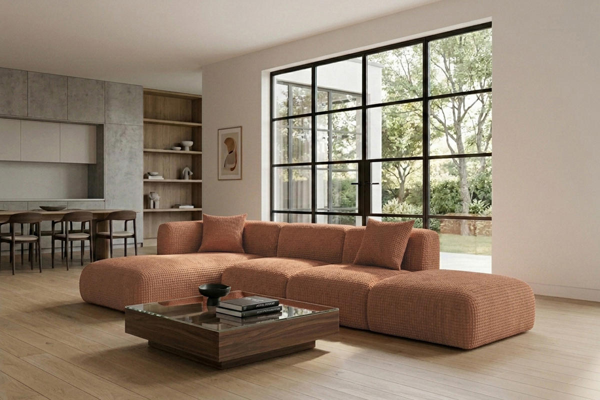 ECKSOFA L-Form mit Hocker, Chenille-Stoff Cremona, Hellbraun, Links, GRETA - Hellbraun, Holz (386/179cm) - Kaiser Möbel