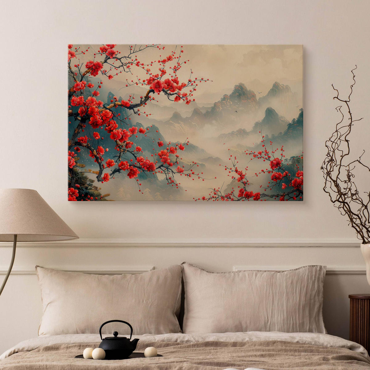 LEINWANDBILD für Wohnzimmer Blumen Berge Landschaft 120cm x 80cm - Beige/Rot, Textil (120/80cm) - Muralo