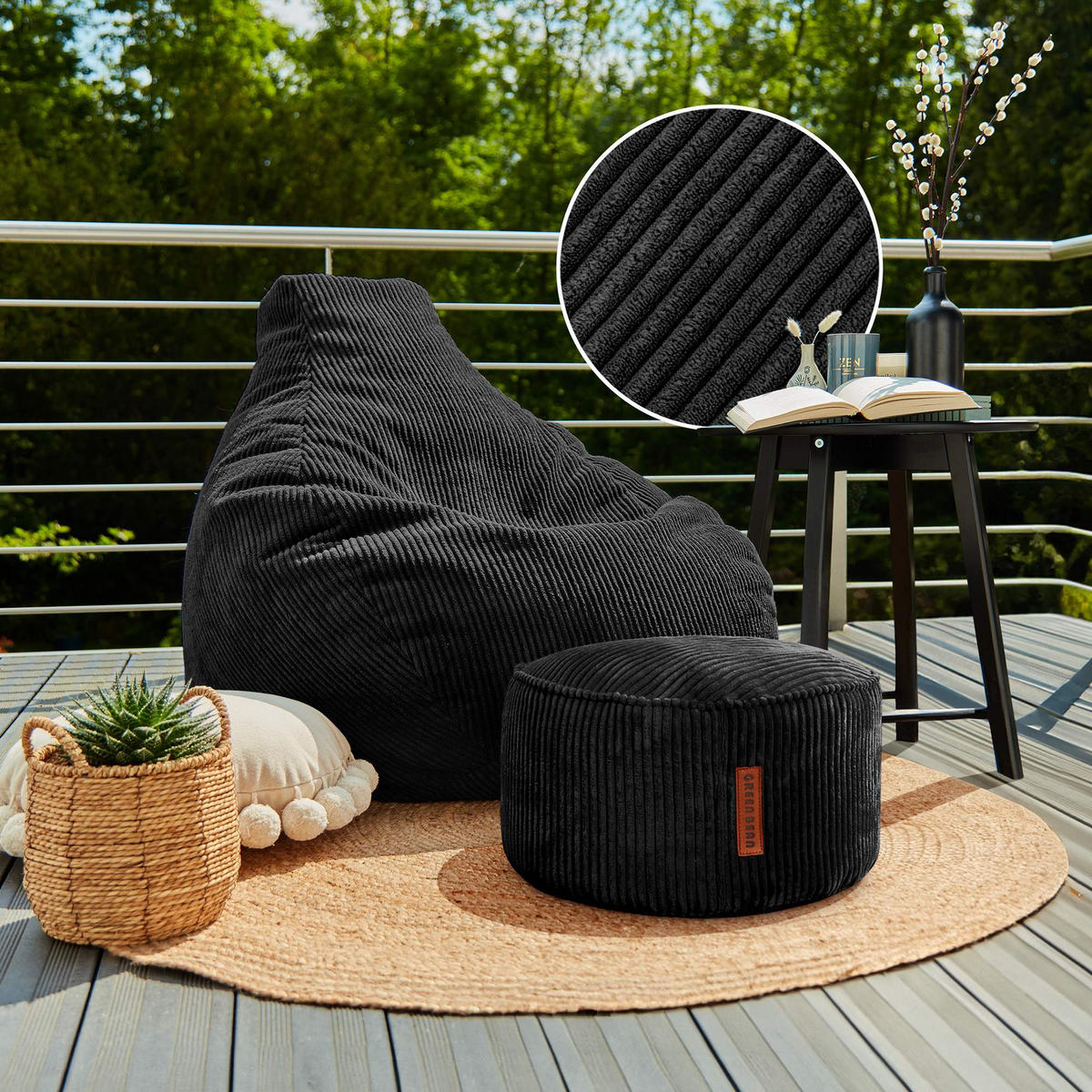 LOUNGE-SITZSACK Cozy + Fußhocker - Schwarz, Textil (80/90/90cm) - Green Bean