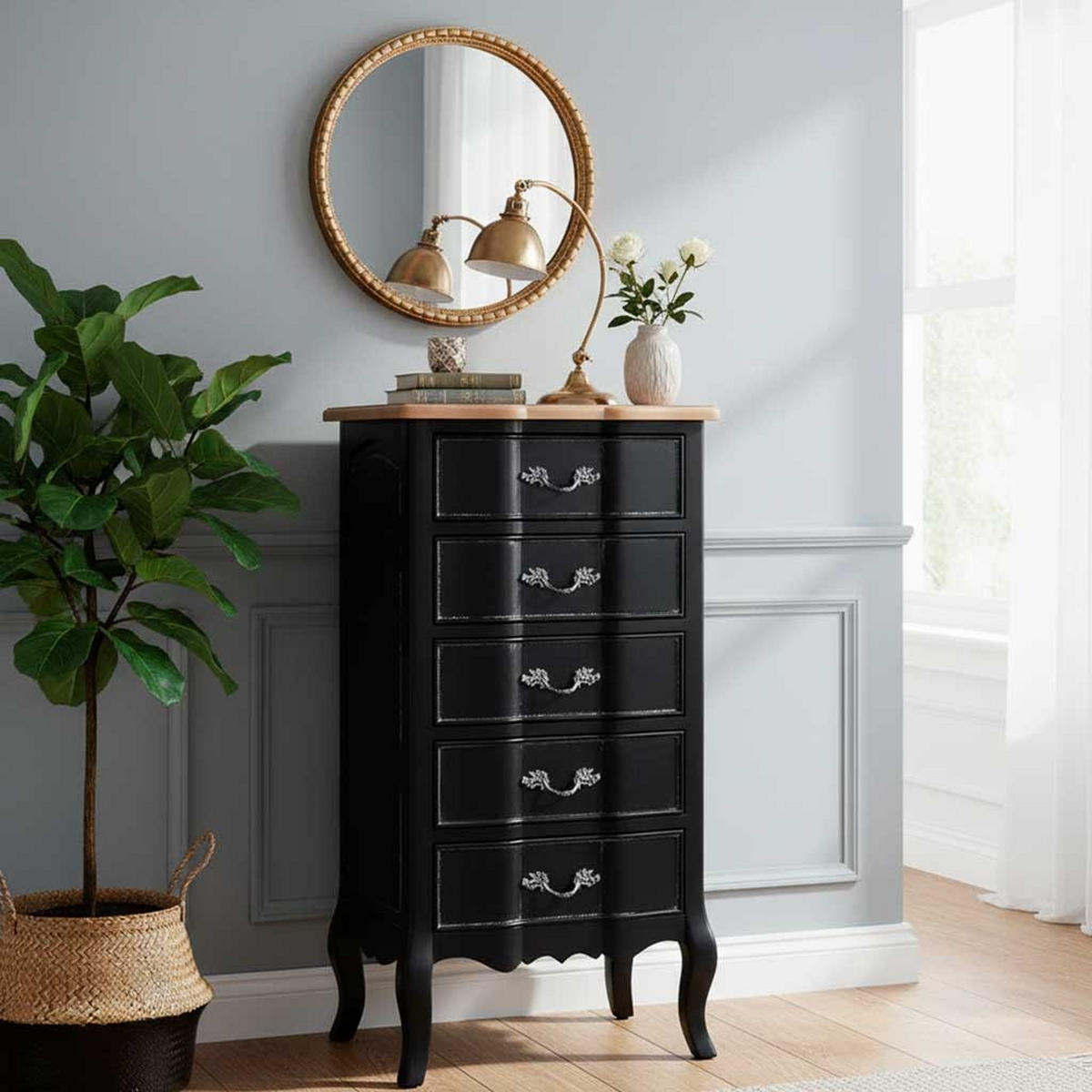 KOMMODE aus lackiertem Holz mit 5 Schubladen 50x40x98 cm Schwarz - Schwarz, Holz (50/98/40cm) - Wanderlust