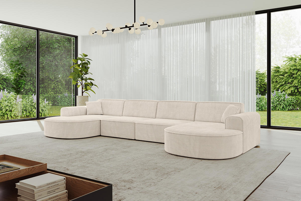 WOHNLANDSCHAFT MARI-U2 - 380x163x73,5 cm Beige Cord - Beige/Schwarz, Holzwerkstoff/Kunststoff (380/73.5/163cm) - ALTDECOR