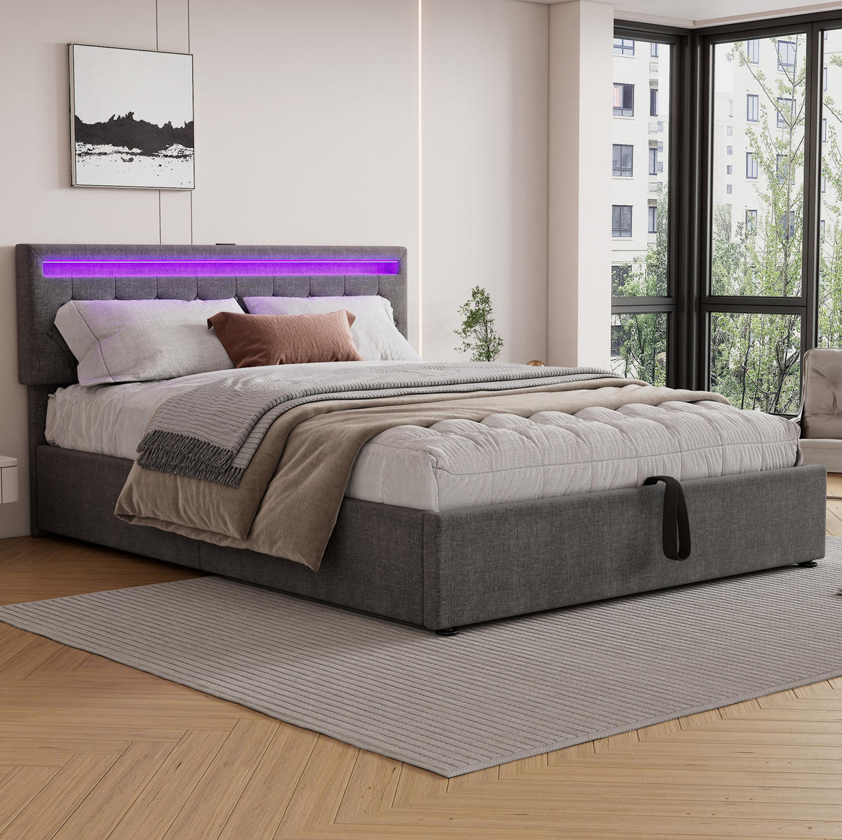 POLSTERBETT 160/200 cm Grau mit LED-Umgebungslicht und USB-Anschluss Ohne Matratze - Grau, Textil (160/200cm) - OKWISH