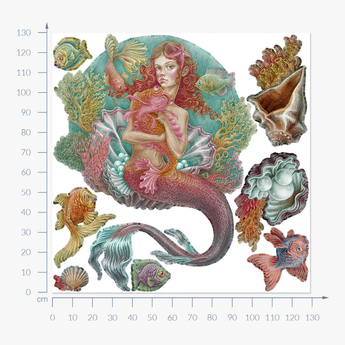 WANDAUFKLEBER 130x129cm - Meerjungfrauen-Zeichentrickwelt - Multicolor, Kunststoff (130/129/0.1cm) - Wallfluent