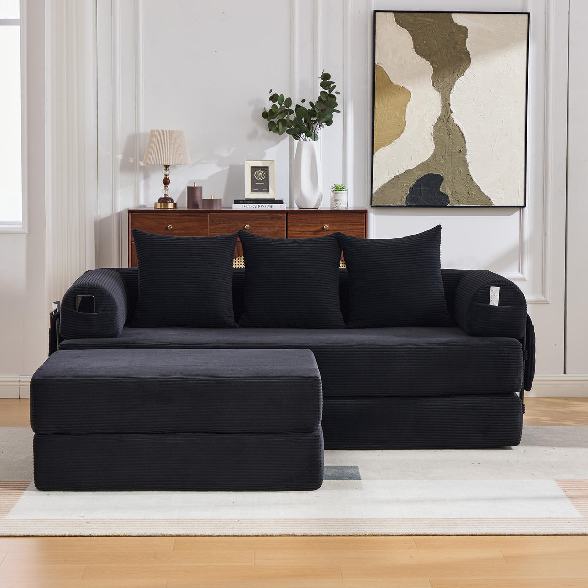 ECKSOFA aus Cord 200x190x67 cm Schwarz mit Hocker, Seitentasche und 3 Kissen - Schwarz, Textil (200/190cm) - Modfu